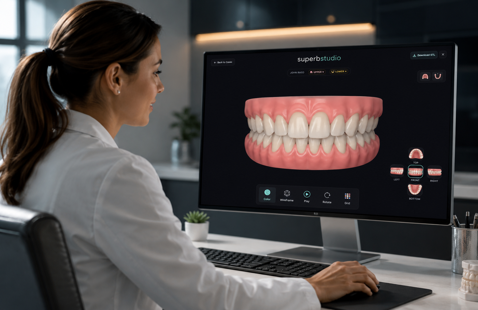 Dentist reviewing a digital dental scan in the Superb Studio software