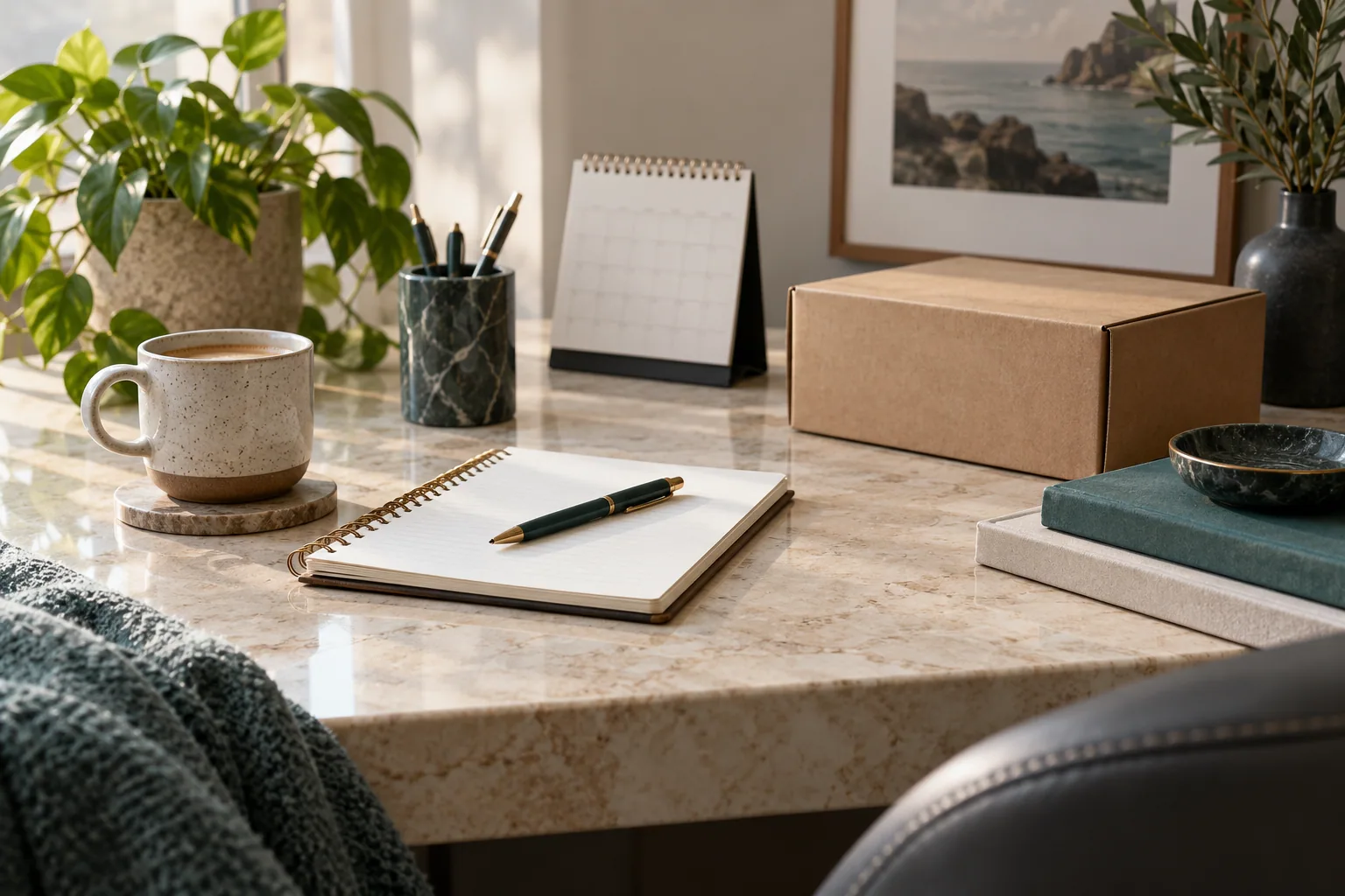 A shipping box and calendar on an office desk