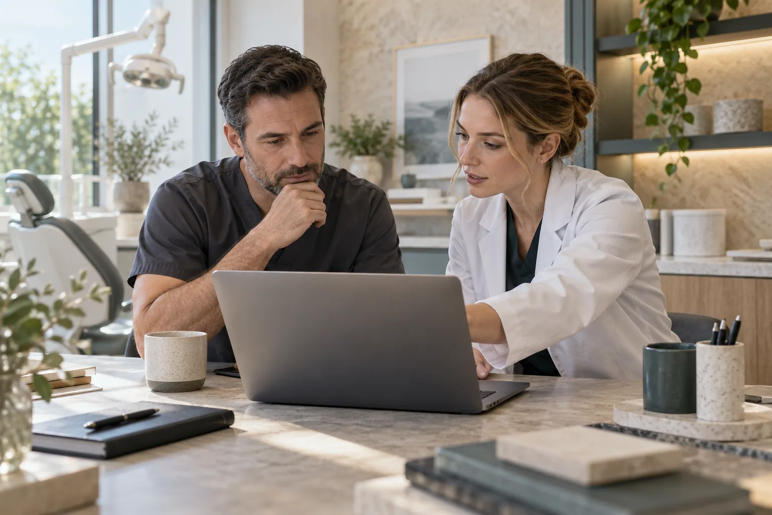 Two professionals discussing a plan at a laptop