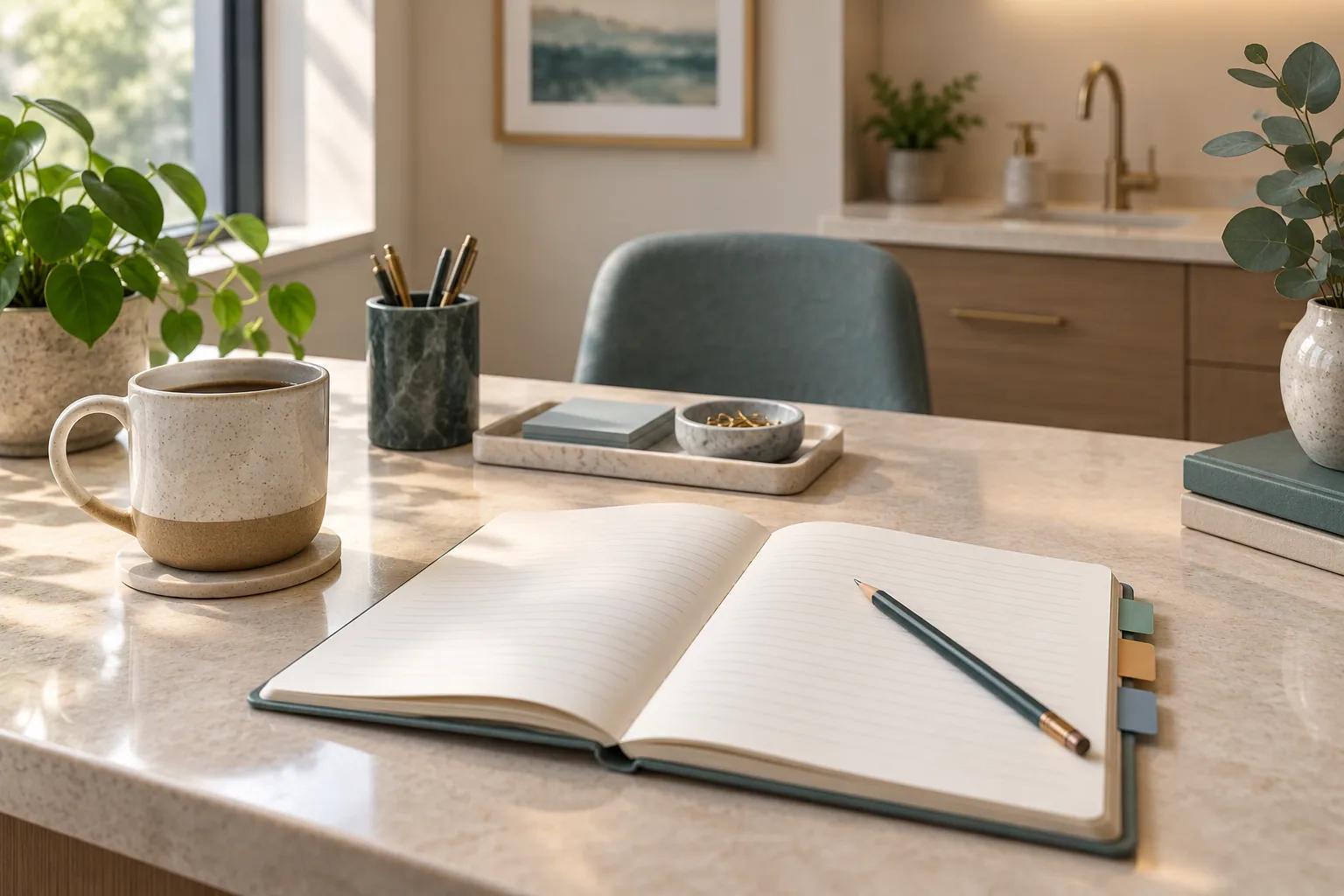 A notebook with colored tabs and pencil