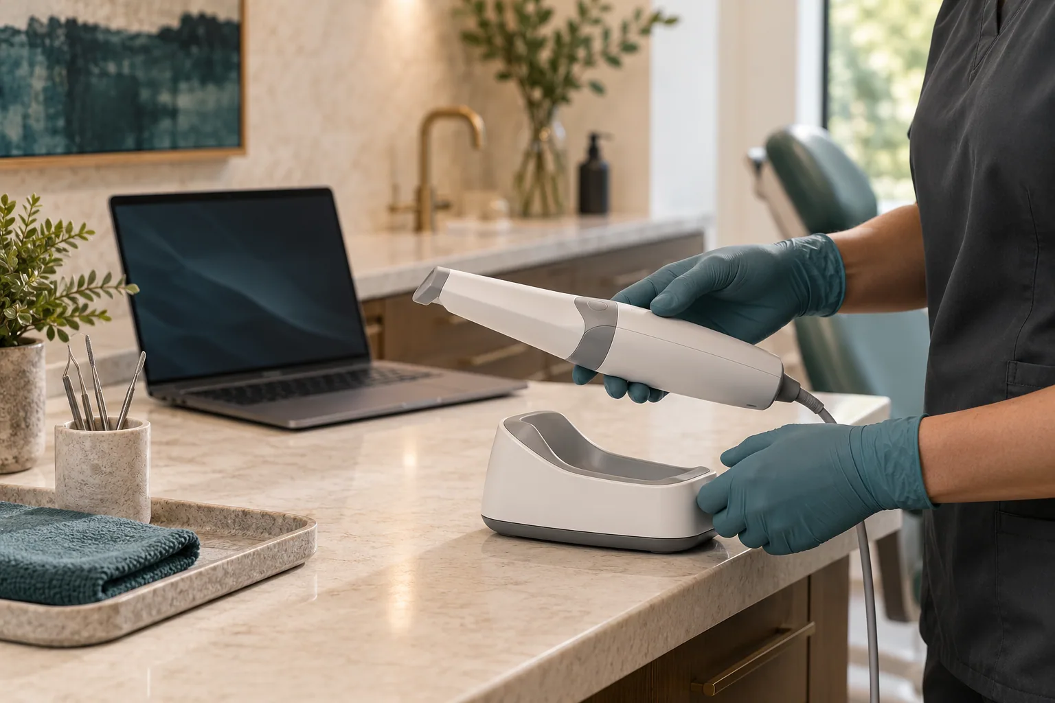 A gloved clinician holding a scanner above its cradle