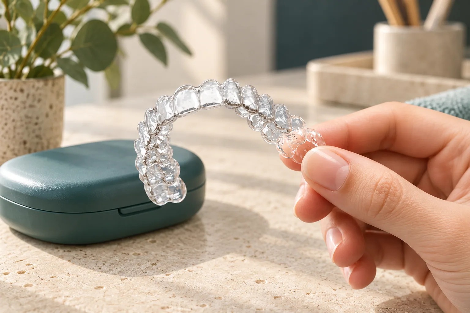 A clear retainer held beside a protective case