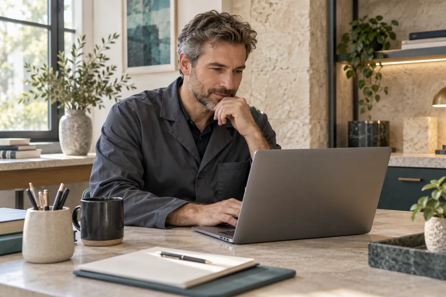 A technician reviewing information on a laptop