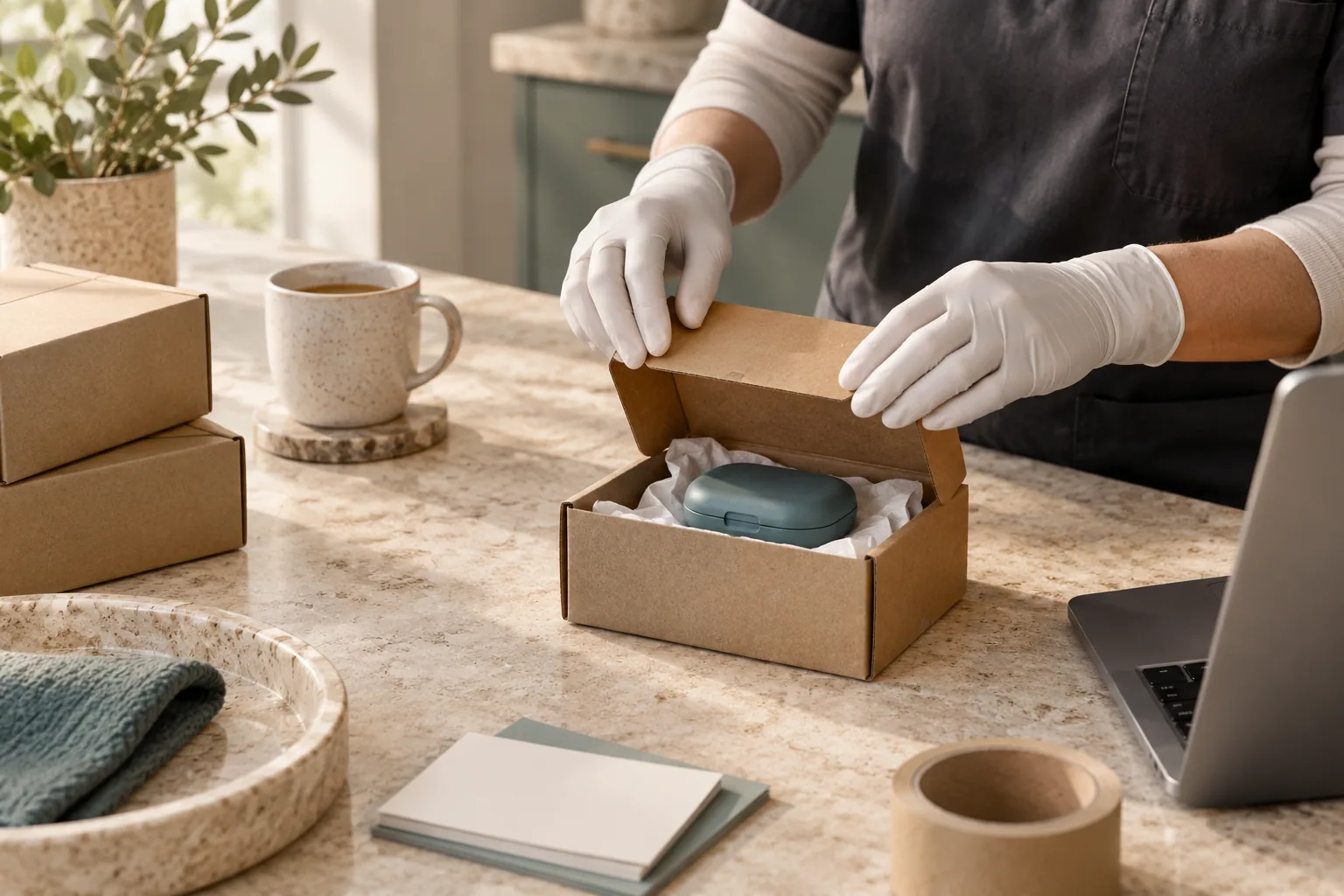 Gloved hands packing a closed retainer case in a shipping box