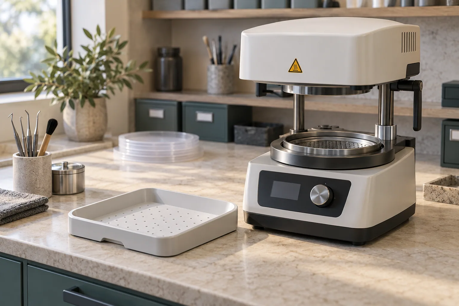 A thermoforming machine and clean tray on a laboratory bench