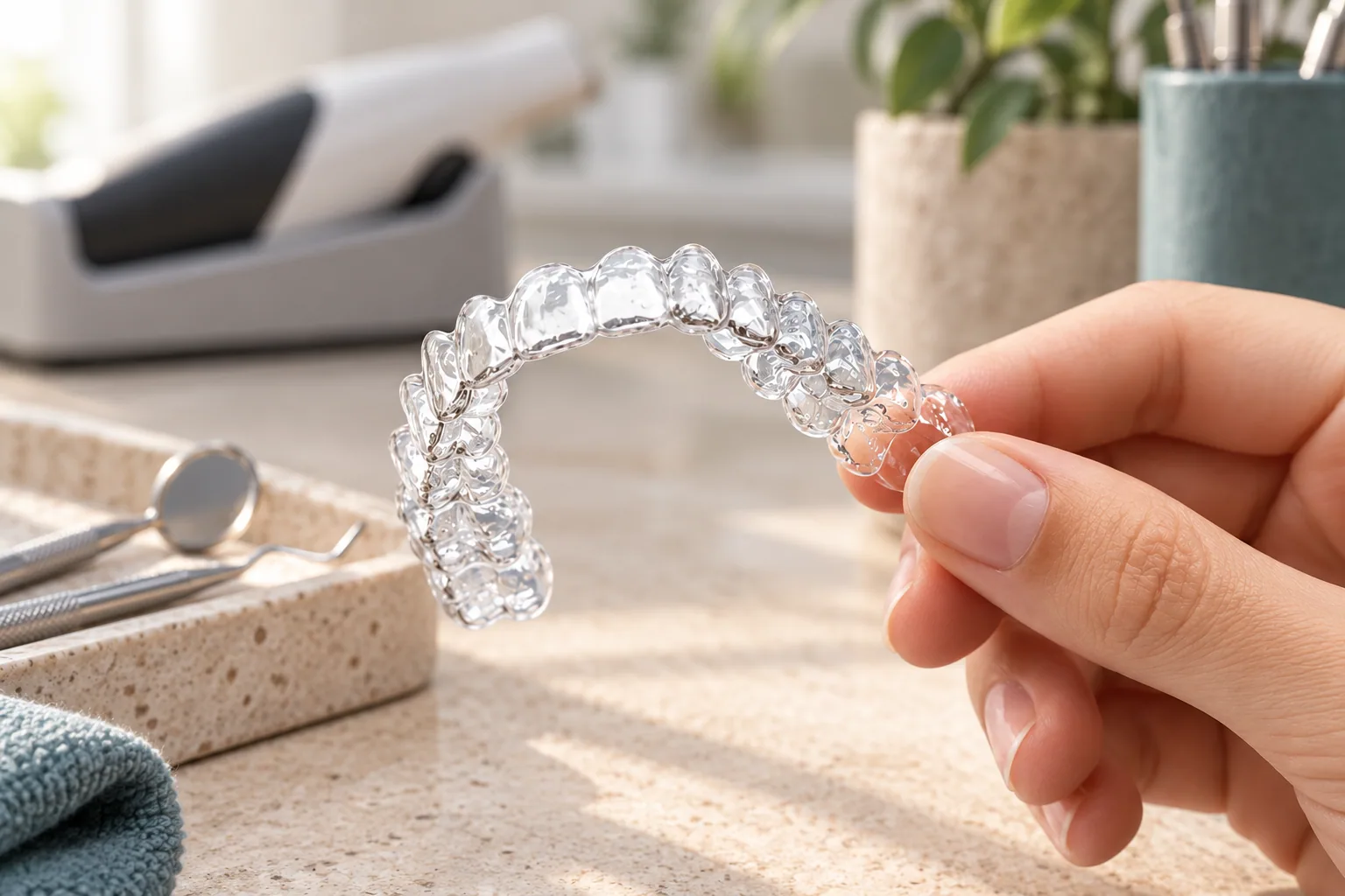 A clear retainer held in front of a laboratory workbench