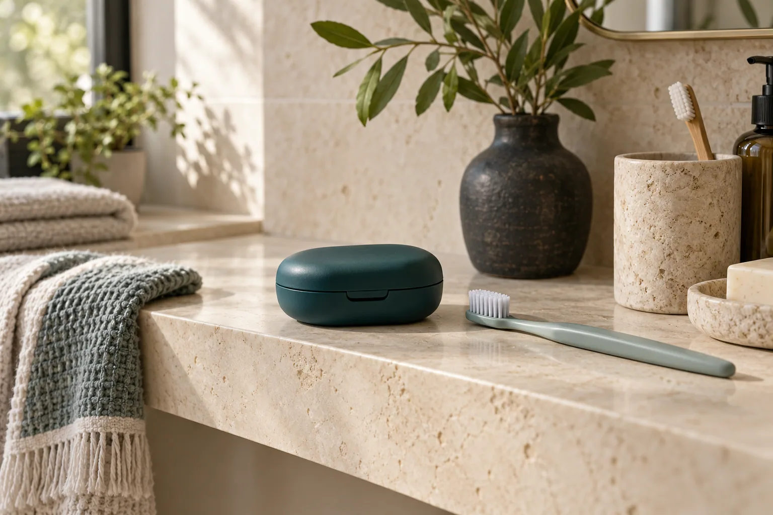 A closed retainer case and soft toothbrush on a bathroom shelf