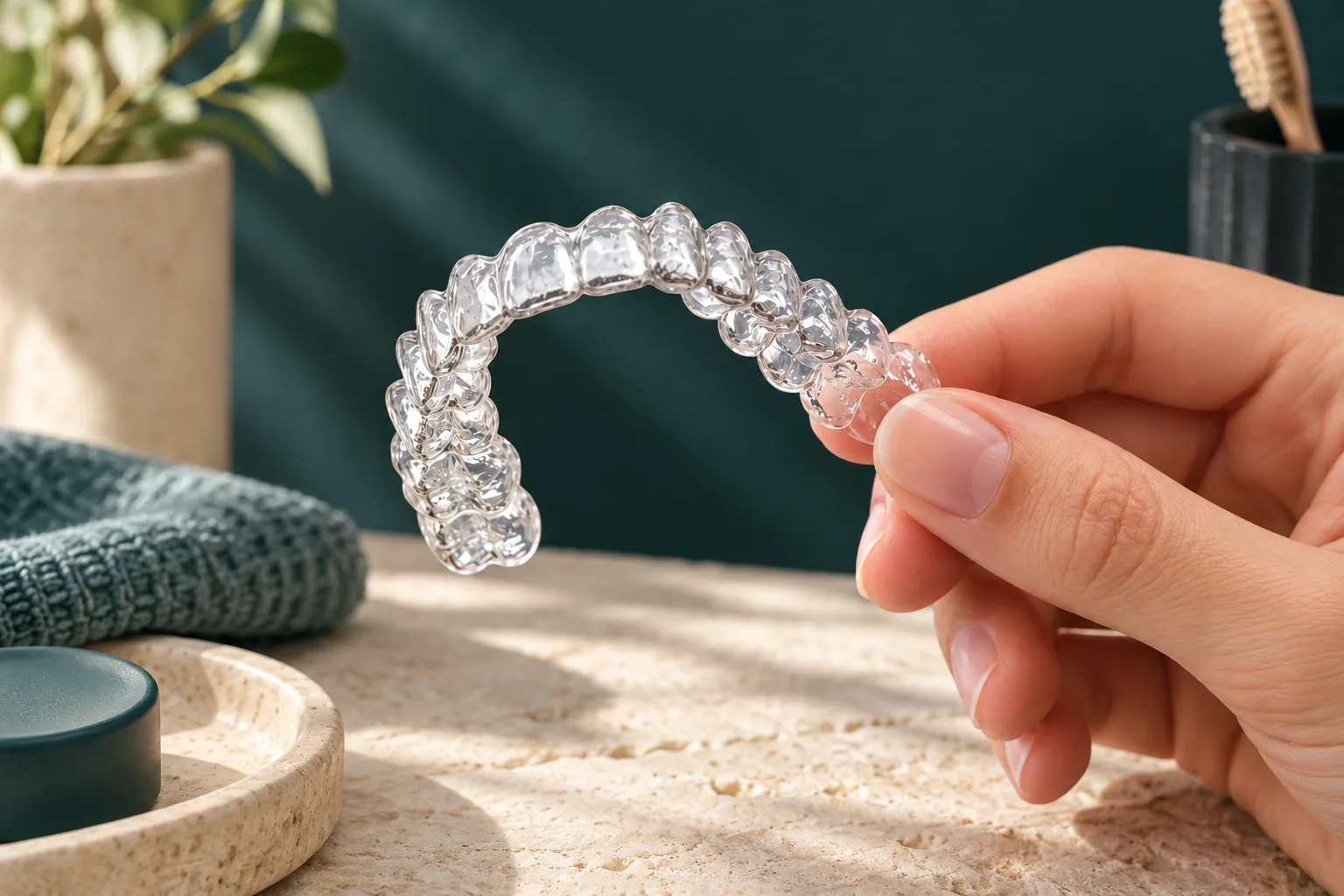 A hand holding a clear retainer against a teal backdrop