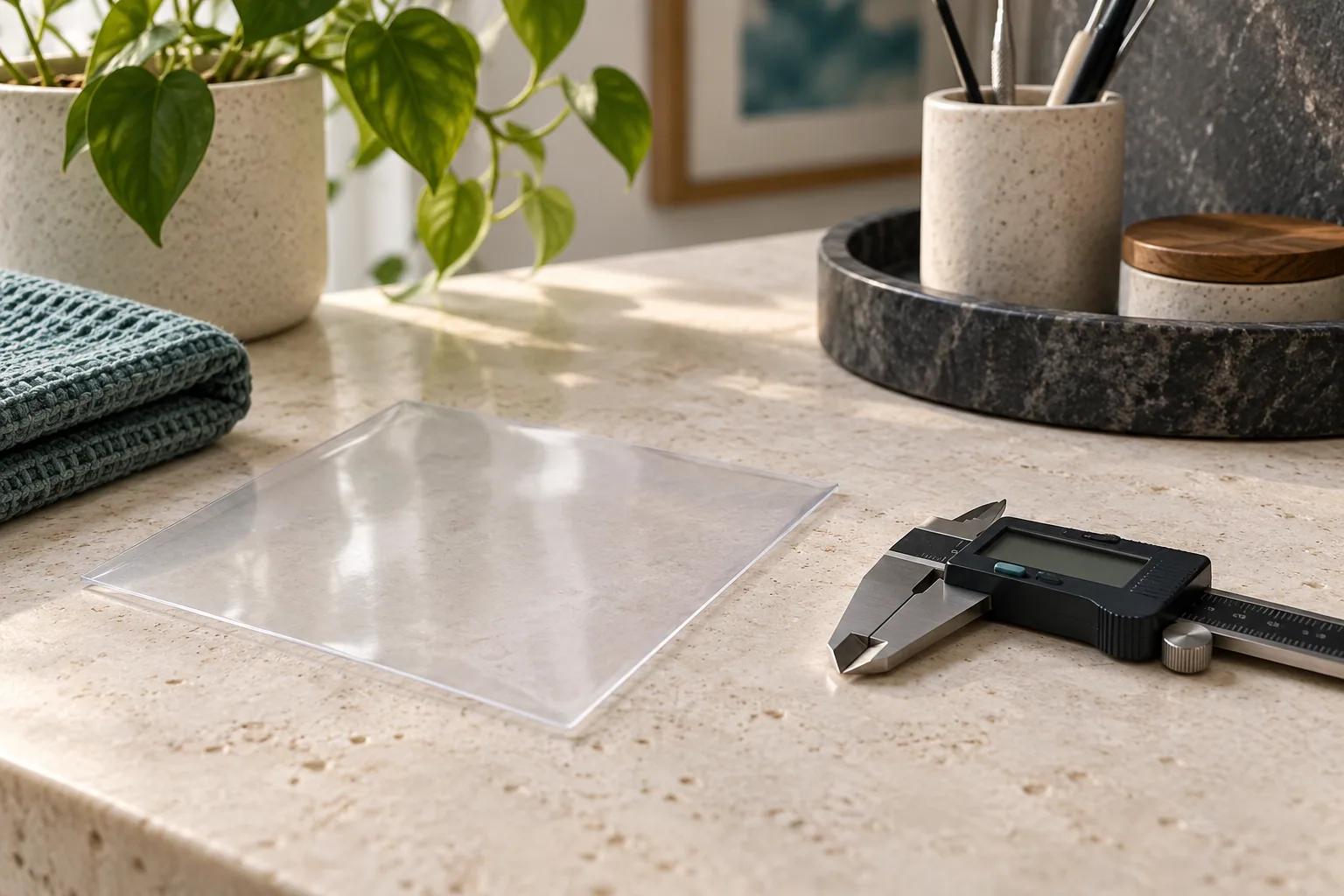 Transparent material sheets and a digital caliper on a laboratory counter
