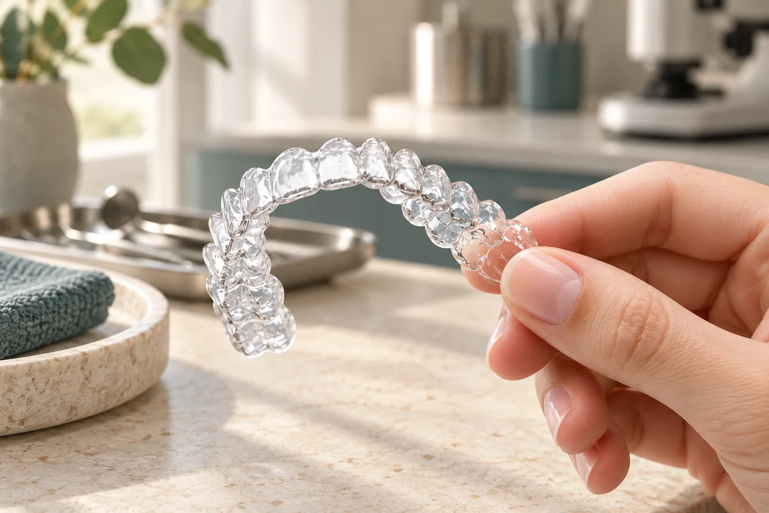 A hand holding a clear retainer at a laboratory workbench