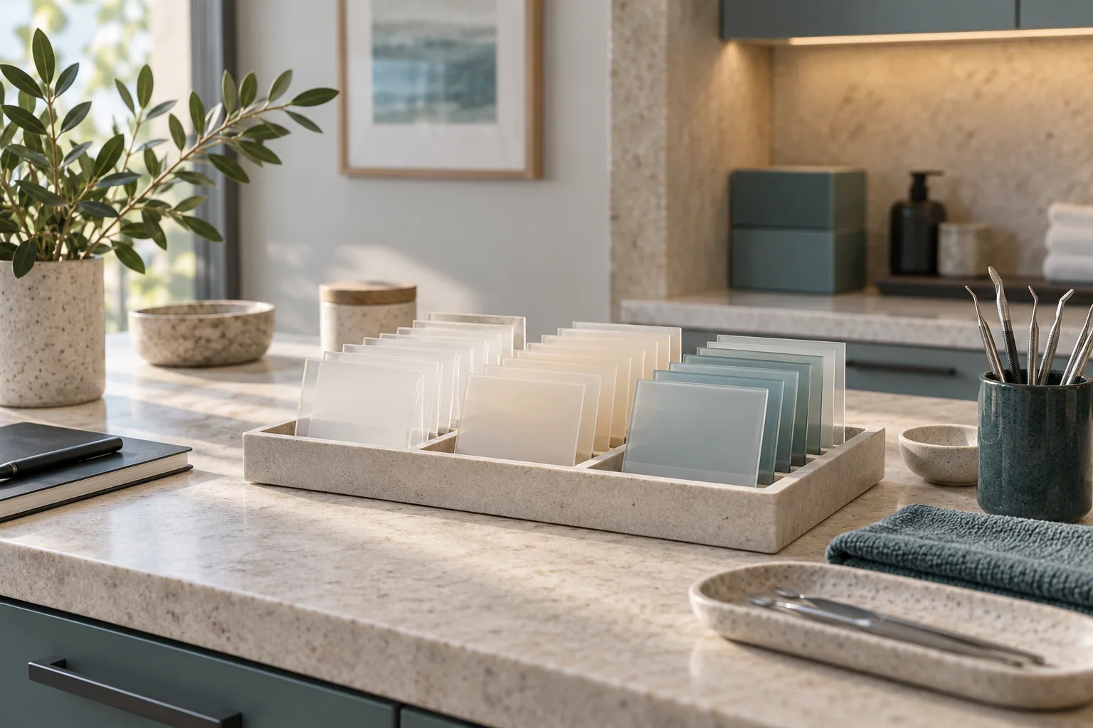 Flat transparent material samples organized on a laboratory bench