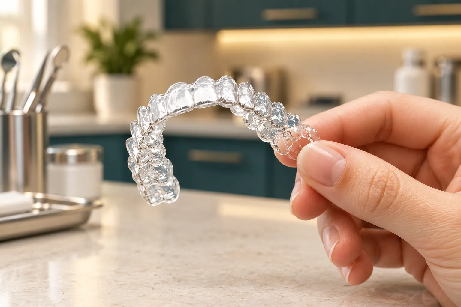 Close view of a hand holding a thin clear retainer