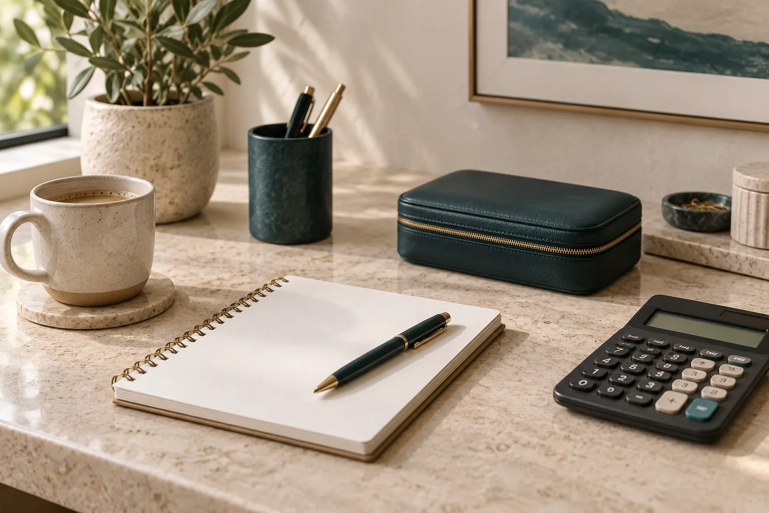 A calculator, notebook and closed protective case