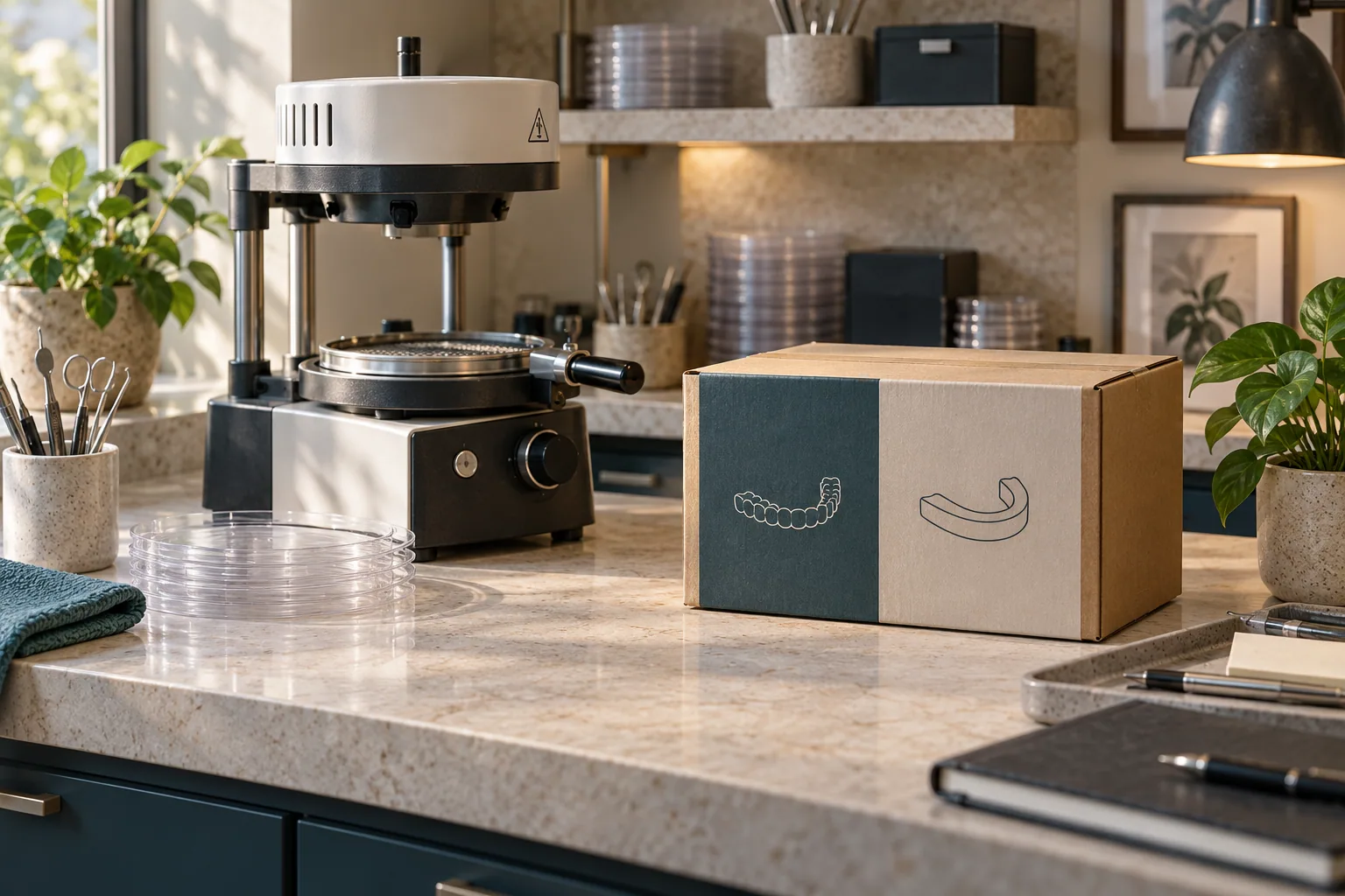Laboratory fabrication equipment beside shipping packaging