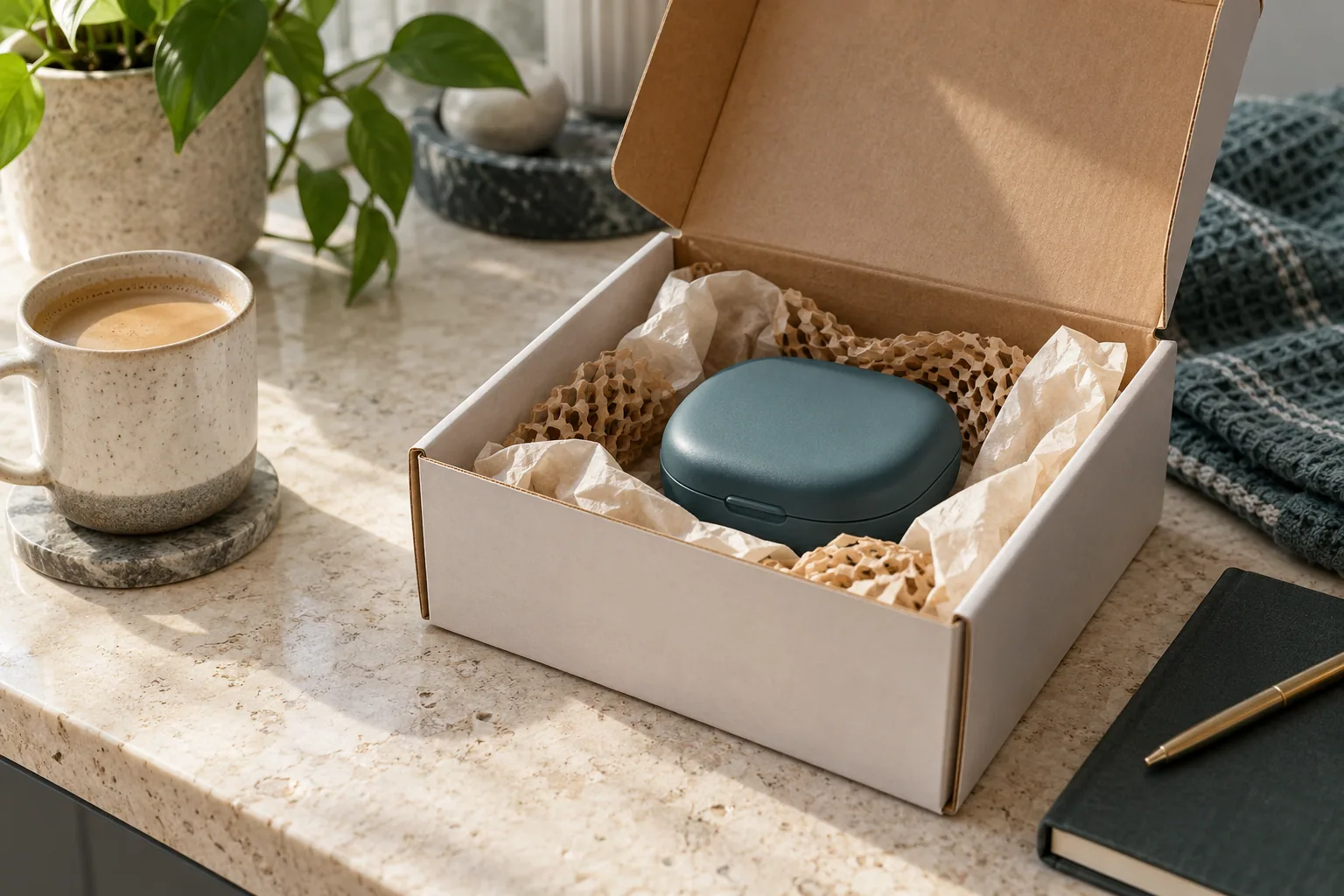 A closed retainer case in protective shipping packaging