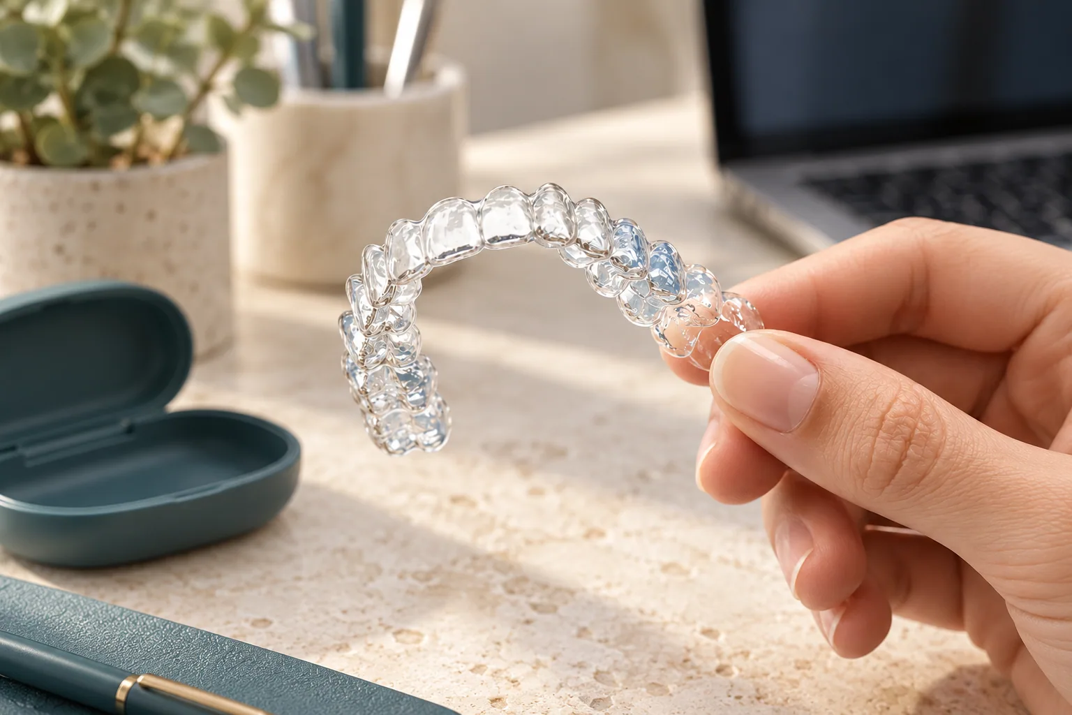 A clear retainer held beside a laptop and protective case