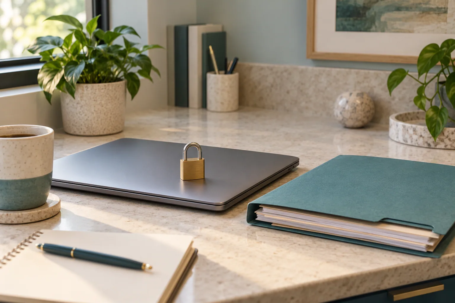 A closed laptop, padlock and records folder