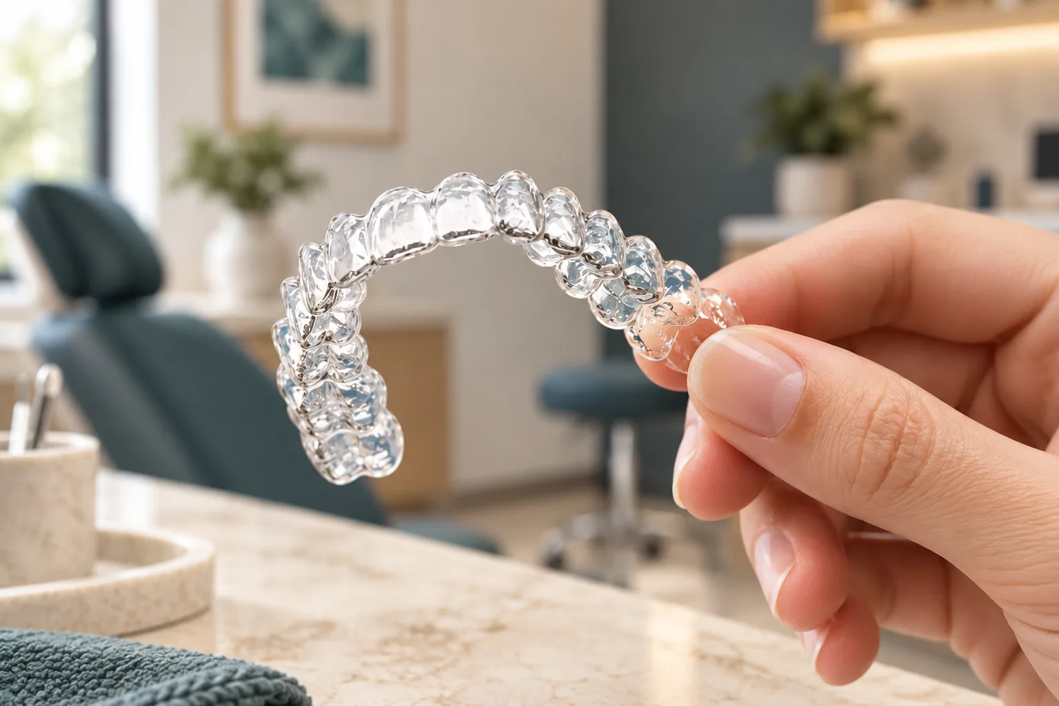 A hand holding a clear retainer in a consultation room