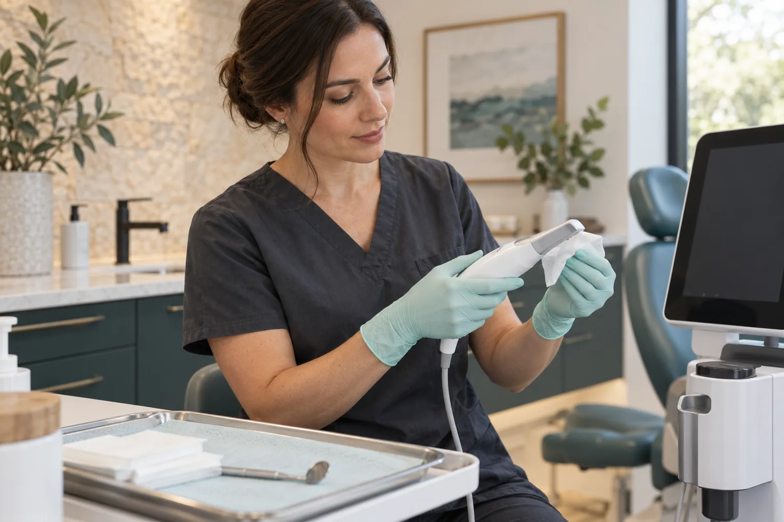 A clinician inspecting an intraoral scanner