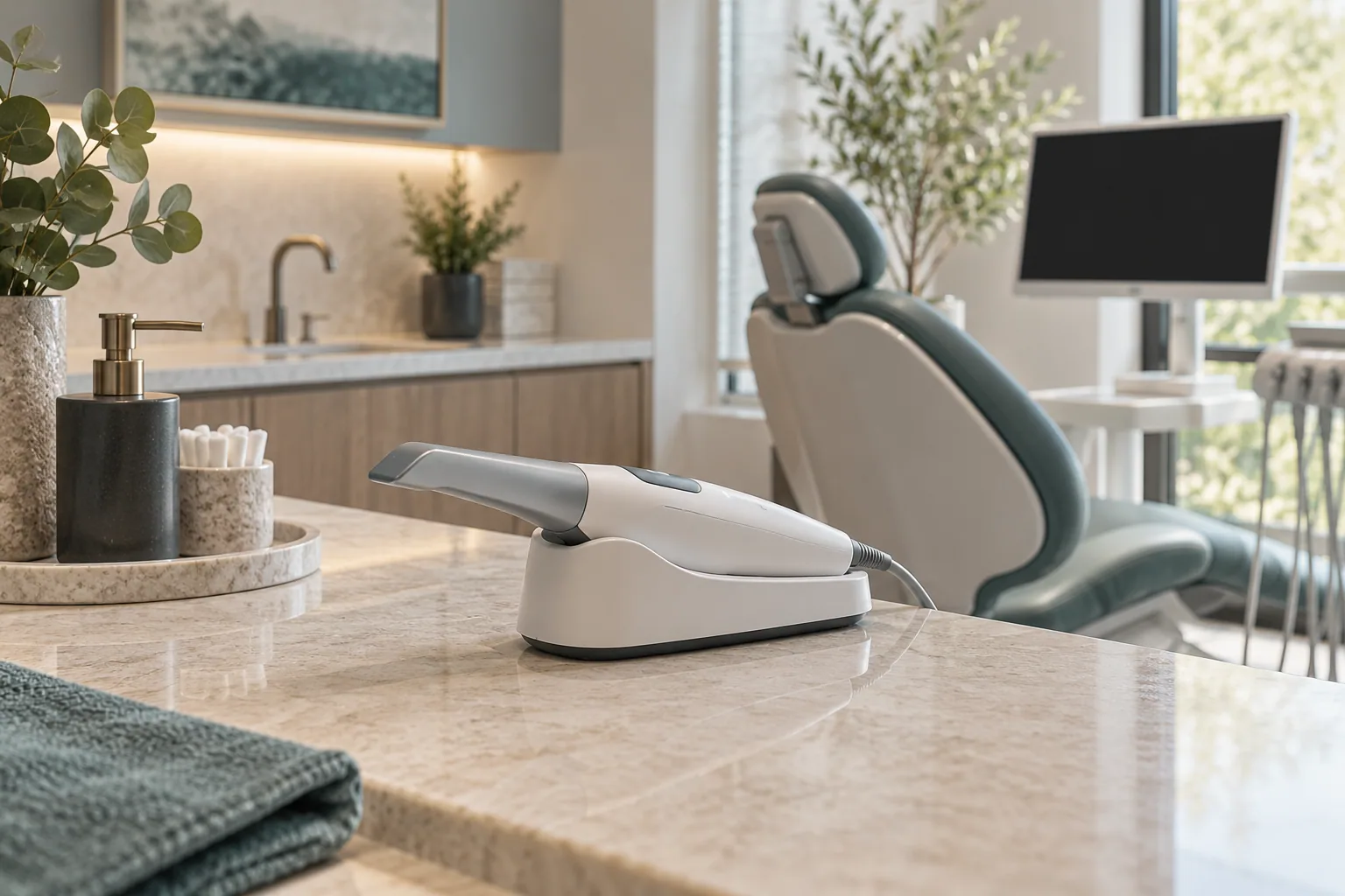 An intraoral scanner in its cradle in a dental clinic