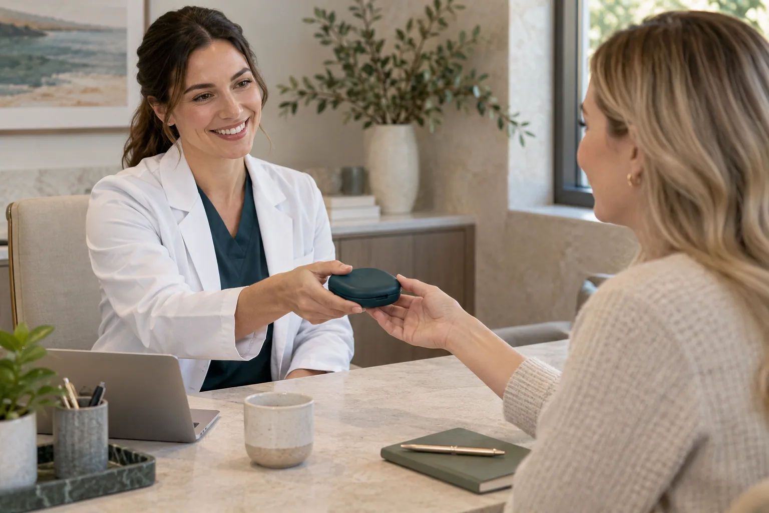 A clinician handing a patient a closed retainer case