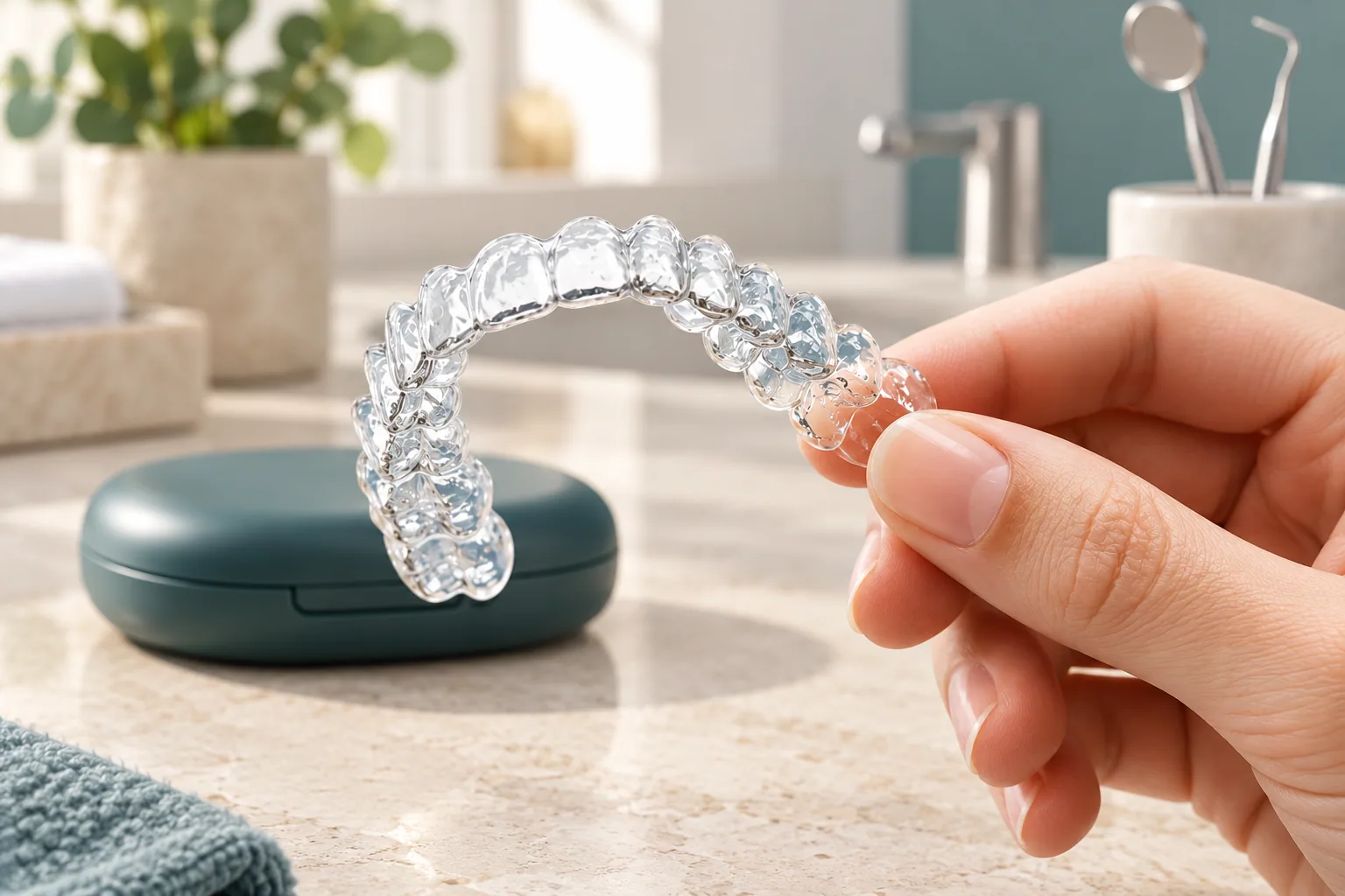 A clear retainer held in a dental office