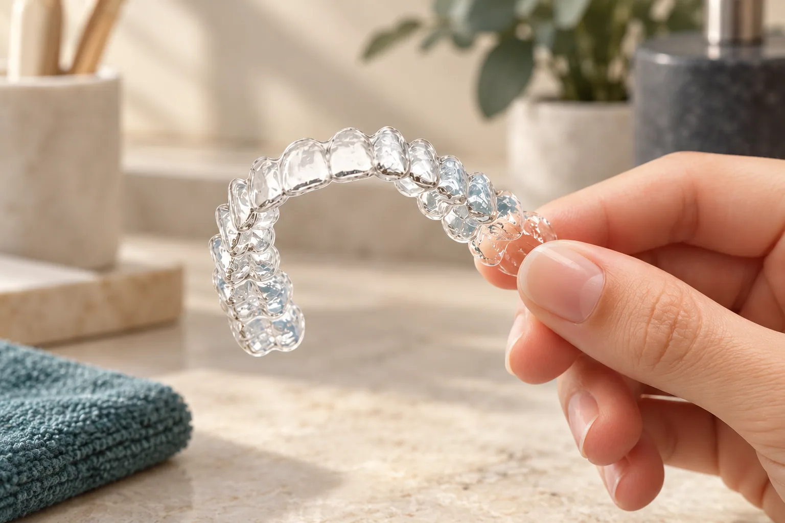 A hand holding a clear retainer in a clinic