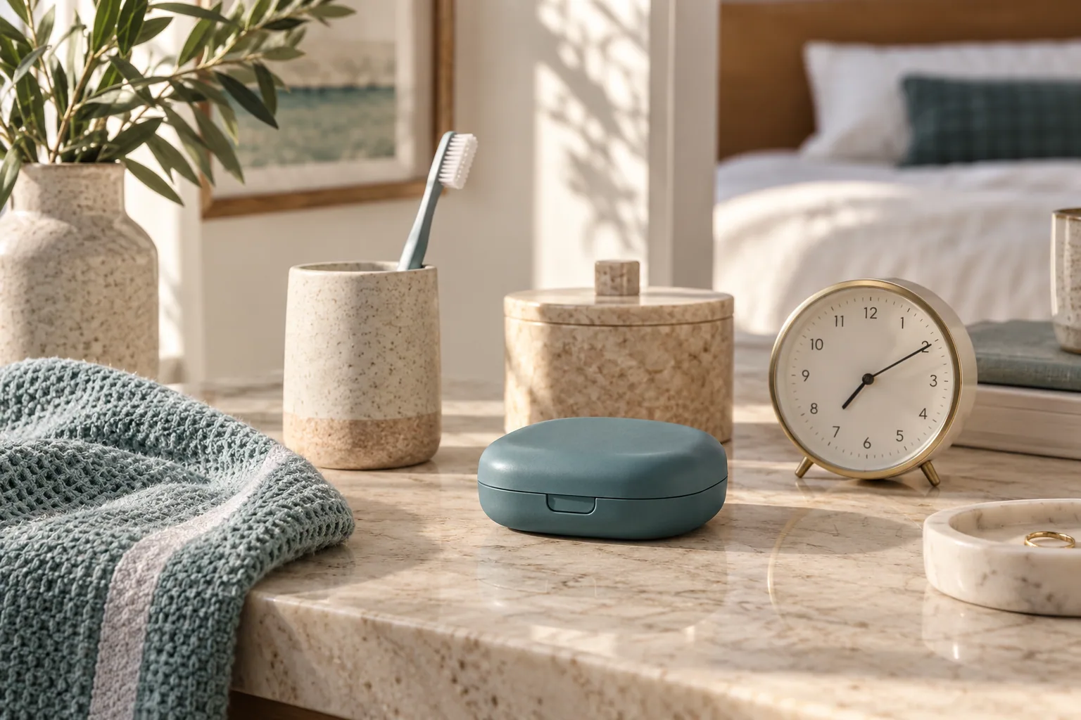 A closed retainer case, toothbrush and clock