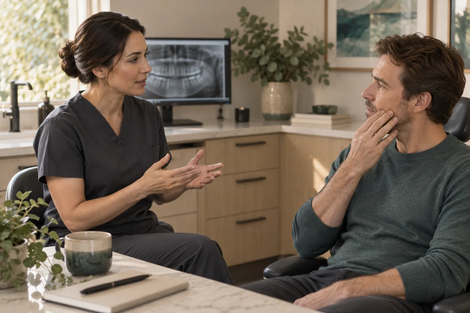 A clinician and patient discussing nighttime grinding