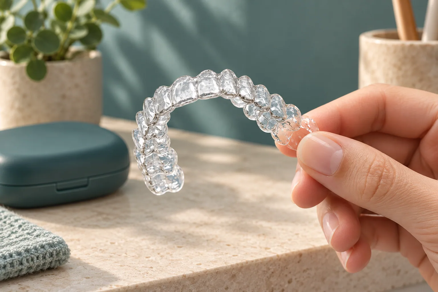 A clear retainer held against a teal backdrop