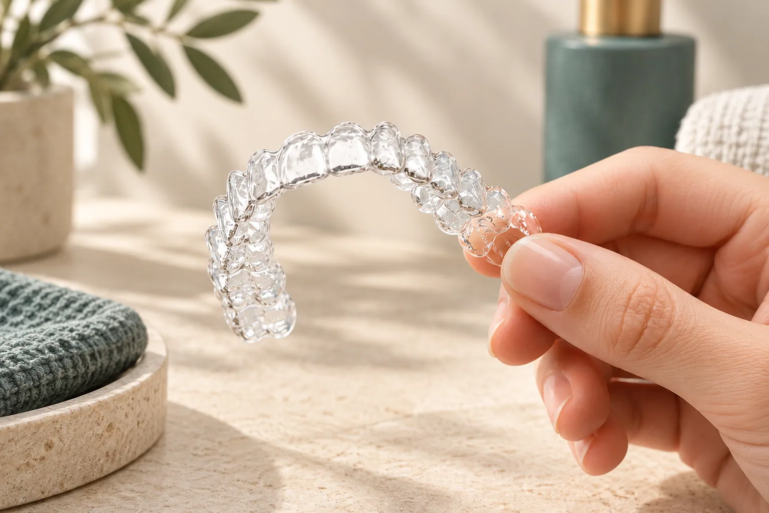 A hand holding a thin clear retainer