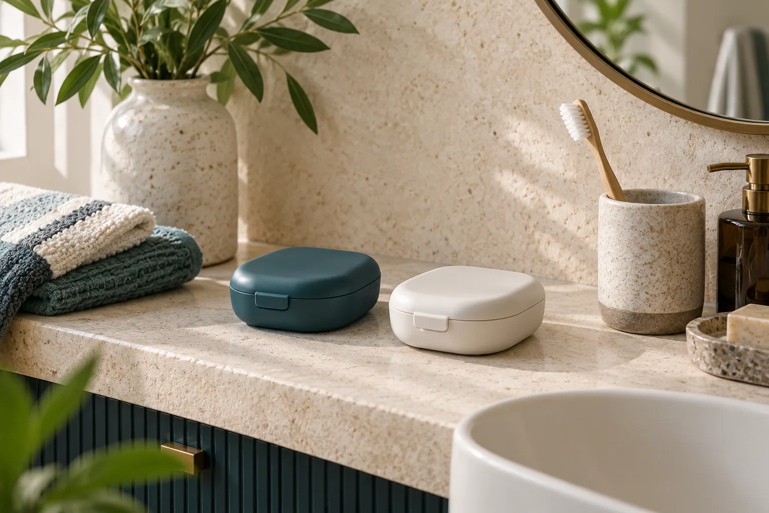 Two closed protective appliance cases on a bathroom shelf