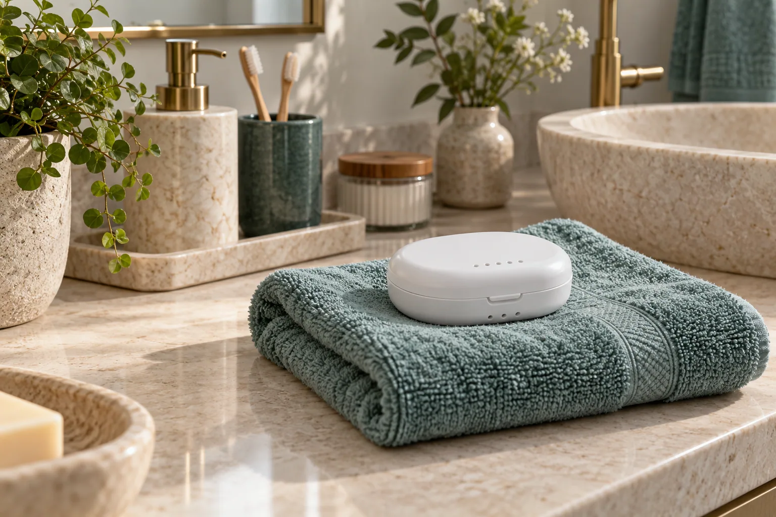 A closed ventilated retainer case on a folded towel