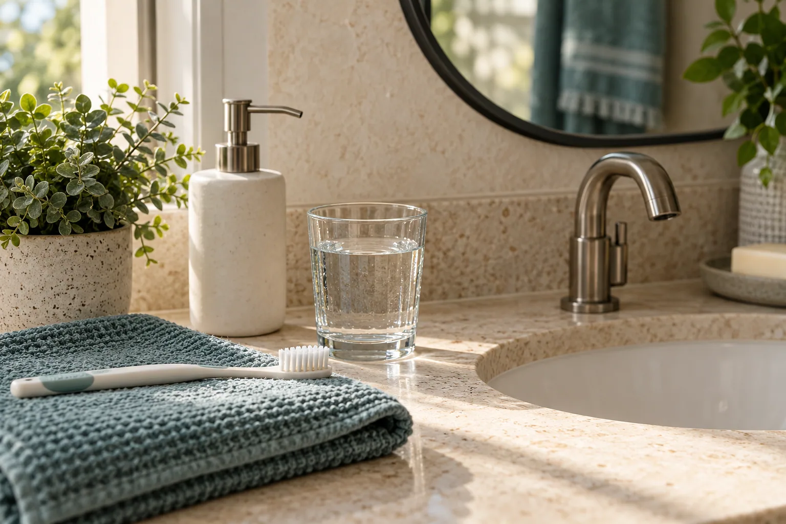 A soft toothbrush, soap pump and glass of water beside a sink