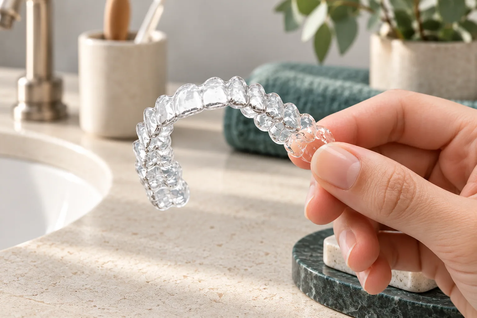 A clear retainer held above a bathroom counter