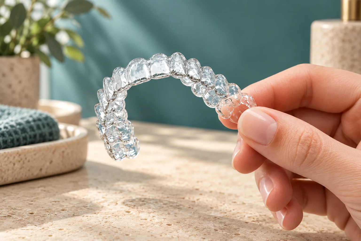 A hand holding a clear retainer for inspection