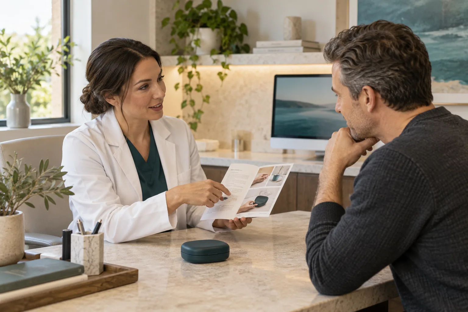 A clinician discussing appliance care with a patient